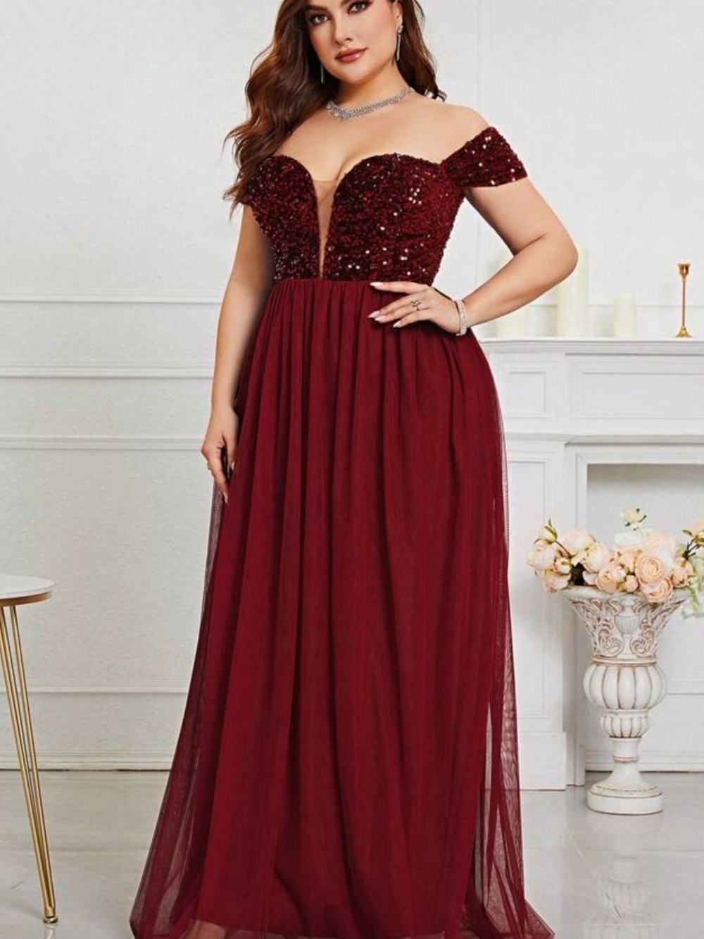 Sequin Off-Shoulder Burgundy Maxi Dress